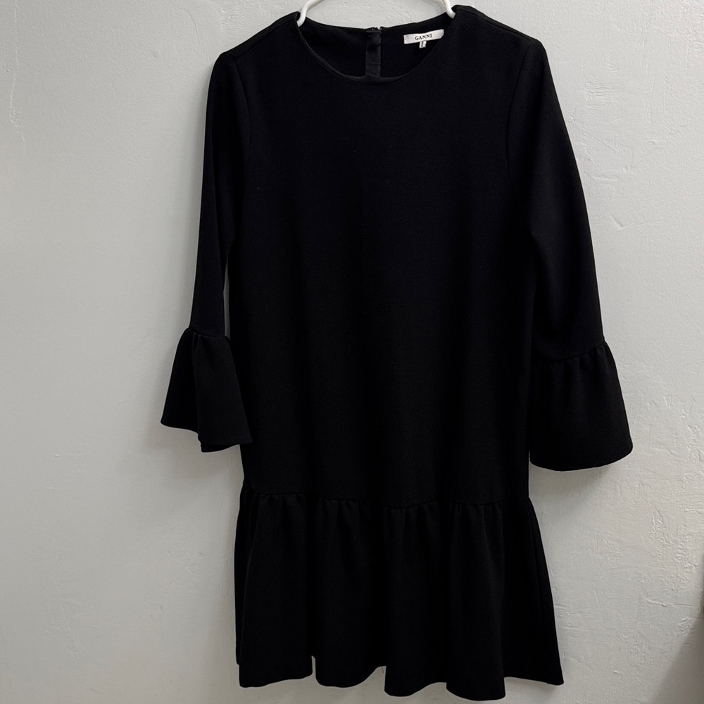 Ganni Black Long Sleeve Dress with Ruffle Hem